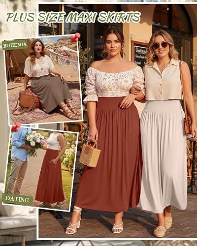 Ficerd 3 Pack Plus Size Maxi Skirts for Curvy Women Pockets Casual 2026 Boho Summer Flowy Long Skirt a Line High Waist Dress thumbnail 2