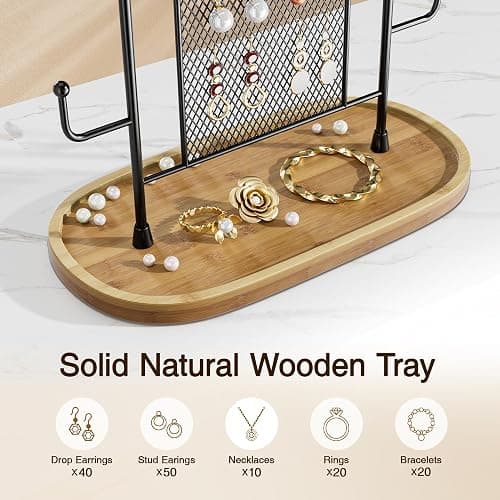 bussdis Jewelry Holder Organizer Earring Display - Stands Earring Storage Earring tree Hanger Jewelry Towers Rack with 6 Hooks 300 Stud Holes Wood Tray for Necklaces Bracelets Rings thumbnail 6