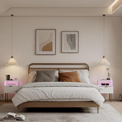 Modern Nightstand with Charging Station and LED Lights, White Bedside Table with Drawer, Fluted Side Table for Living Room, Bedroom thumbnail 5