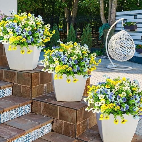 Mutcolor Pansies Artificial Flowers for Outdoors 12 Bundles Fake Silk Pansy Faux Plastic Plants UV Resistant for Home Outside Garden Planter Front Door Porch Yard Patio Decor (Blueyellowwhite) thumbnail 7