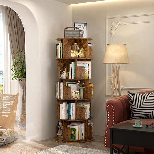 Aheaplus Rotating Bookshelf, 360 Display Wood Spinning Bookshelf Tower, 5 Tier Floor Standing Bookcase Storage Rack, Revolving Bookcase Corner Bookshelfs for Small Space, Study, Bed Room, Rustic Brown thumbnail 2
