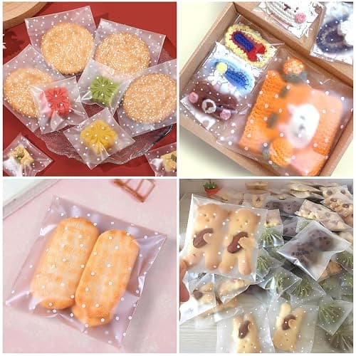300PCS Cookie Bags Self Adhesive Clear Plastic Cellophane Treat Bags for Candy Pastry Packaging Christmas Party Favor Gift Giving (White Polka Dots, 4 x 4 inches) thumbnail 5