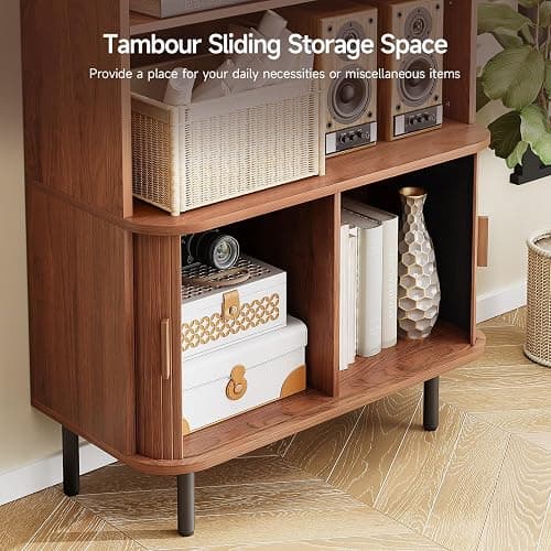 ONBRILL 71" Tall Bookshelf, 4-Tier Bookcase with Storage Cabinet & Adjustable Storage Shelf, Freestanding Wood Bookshelf with Sliding Door and Adjustable Footpad, for Home Office, Living Room, Walnut thumbnail 4