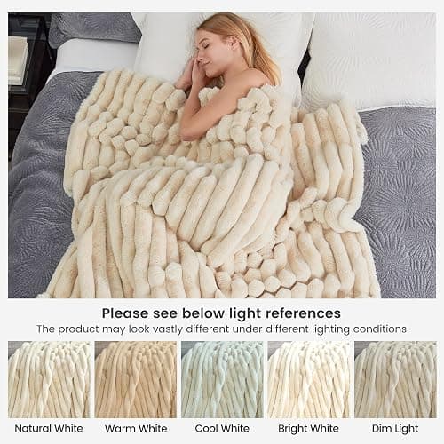 Cozy Bliss Faux Fur Throw Blanket for Couch, Cozy Warm Plush Striped Blanket for Sofa Bedroom Living Room,50 * 60 Inches Beige - Beige - Throw(50" x 60") thumbnail 7
