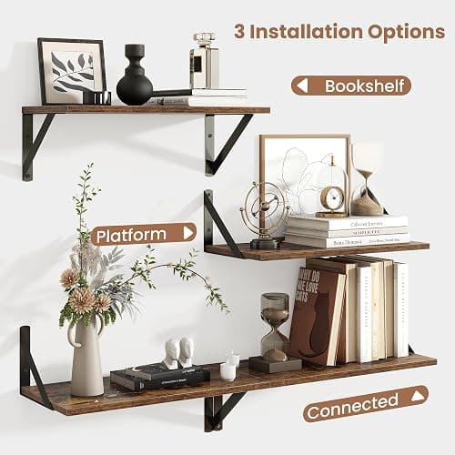 Axeman Floating Shelves for Wall, 8 Inch Deep Brown Wall Shelves Set of 2, 16''W x 8''D Rustic Brown Wood Shelves for Bookshelf Living Room Bedroom Home Office Bathroom thumbnail 3