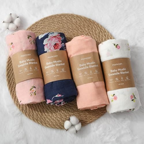 Momcozy Muslin Swaddle Blanket Baby Girl Newborn, 4 Pack Large Wrap Swaddle Blankets Soft Silky Breathable (70% Bamboo + 30% Cotton), Receiving Blanket, Floral Design thumbnail 2