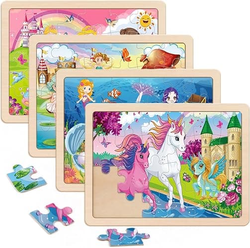 Wooden Puzzles for Kids Ages 4-6, 4 Packs 24 PCs Unicorn Mermaid Princess Fairy Jigsaw Puzzles, Preschool Educational Brain Teaser Toys for Girls 3 4 5 6 Years Old. - Image 1
