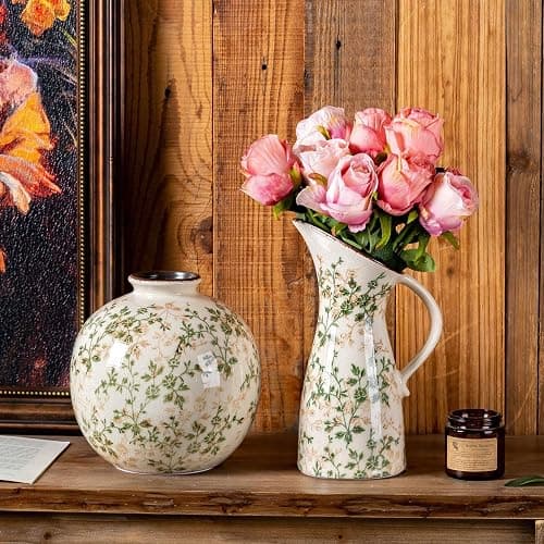 SURE YUESI Set of 2 Vases, Green and Beige Pastoral Vintage Vase Set for Flowers, Rustic Farmhouse Decorative Vases for Home Decor, Chinoiserie Floral Vase, Living Room Table Centerpiece thumbnail 6