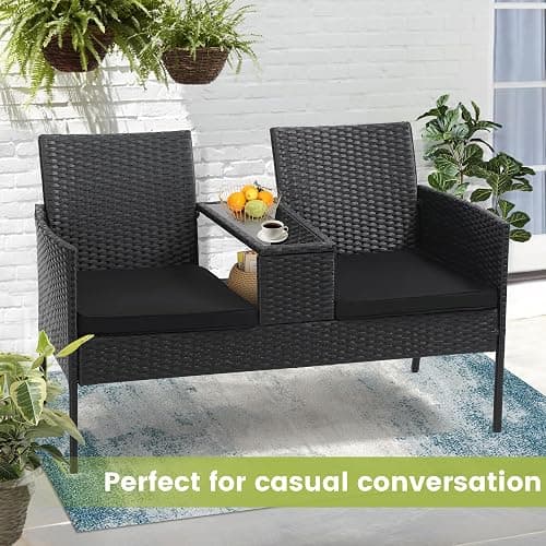 Kromax Wicker 2 Seat Patio Conversation Set, Outdoor Rattan Loveseat with Table, Washable Cushion Covers, Backyard, Garden, Lawn, Black Rattan with Black Cushion - Black Rattan With Black Cushion thumbnail 4