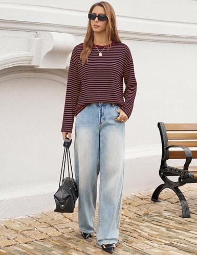 LOMON Striped Long Sleeve Shirt Women Y2k Oversized Crewneck Fall Spring Drop Shoulder Vintage Tops Teen Girl Clothes thumbnail 4