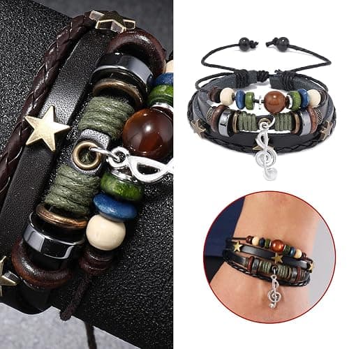 Multilayer Y2k Star Vintage Necklace Fairy Grunge Bracelets Set,Gothic Rock Roll Music Guitar Star Necklace,Bohemian Handmade Beaded Musical Note Leather Wristbands,Grunge Accessories for Men Women thumbnail 4