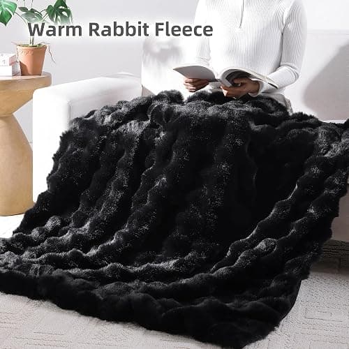 Smoofy Faux Fur Throw Blanket for Couch – Black Fluffy Cozy Rabbit Fleece, Plush Soft Bubble Blanket for Sofa & Bed, for Mom, Warm Fuzzy Home Room Decor Throw 50" x 60" thumbnail 6