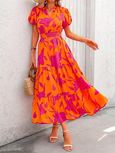 MASCOMODA Summer Maxi Dresses for Women 2025 Casual V Neck Puff Short Sleeve Smocked Flowy Beach Boho Long Floral Dress thumbnail 5