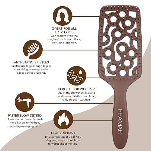 FRAMAR Professional Vented Hair Brush – Curved Hair Brush For Blow Drying, Wet Paddle Brush For Hair, Vent Brush For Blow Drying, Wet Hairbrush For Women – Heat Resistant – Chocolate thumbnail 2