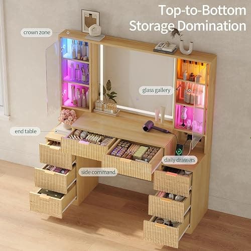 Big Vanity, Fluted Wood Makeup Vanity with Mirror Lights, Oak Vanity Desk | Large, Charging Station, Sound Sync Chasing LED Lights, Wood Vanities, Luxury Glass Cabinets, 8 Drawers, Girls, Women thumbnail 8