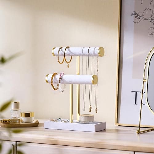 Josmimic Schmuck Organizer mit 2 Ebenen - Weiß Schmuckständer Armbänder, Abnehmbarer T-Steg Schmuck Ständer, Samt-Armbandhalter, Schmuckhalter für Armband, Halskette, Uhren, Ringe thumbnail 6