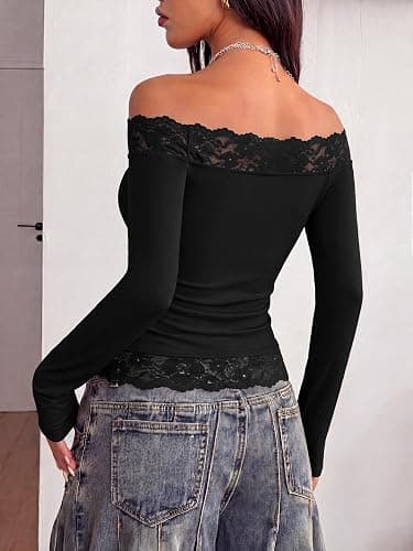 PRETTYGARDEN Women Lace Off the Shoulder Cute Going Out Tops | Y2K Cute Long Sleeve Slim Fit Cropped T-Shirt, Sexy Off Shoulder Tops for Women, Date Night Concert Tops,Fall Outfits 2026 thumbnail 5