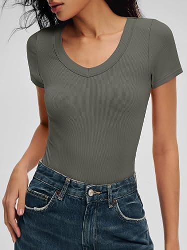ANRABESS Bodysuits for Women V Neck Short Sleeve Body Suit Tops Slim Fit Ribbed Knit Soft Basic T-Shirts 2026 Summer Outfits thumbnail 4