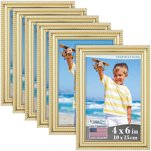 Icona Bay 4x6 Picture Frames (Gold, 6 Pack), Beautifully Detailed Molding, Contemporary Picture Frame Set, Wall Mount or Table Top, Inspirations Collection - Image 1