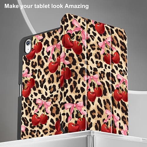 May Chen for iPad (A16) 11th Generation Case 11 Inch 2025, iPad 10th Gen Case 2022 10.9 inch, Trifold Stand with Auto Wake/Sleep Soft TPU Protective Stand Back Cover, Cherry & Cheetah thumbnail 4