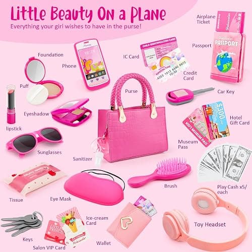 Little Girl Purse with Pretend Makeup for Toddlers, 49PCS Kids Play Purse Set - Princess Toy Accessories, Pretend Play Headset Wallet Phones Sunglasses Keys Credit Cards Birthday Gift for Girls Age 3+ thumbnail 2