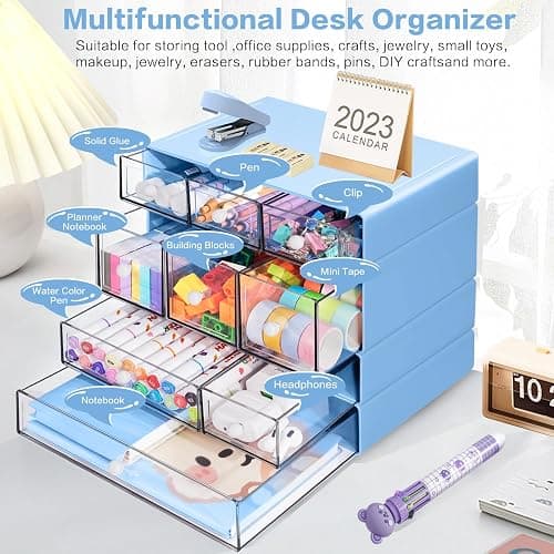 FODIENS Desk Storage Organizer with 9 Drawers, 4 Tiers Stackable Desktop Craft Storage Drawers, Clear Storage Box Caddy for Stationary Makeup Jewelry Office Craft Supplies (Blue) thumbnail 5