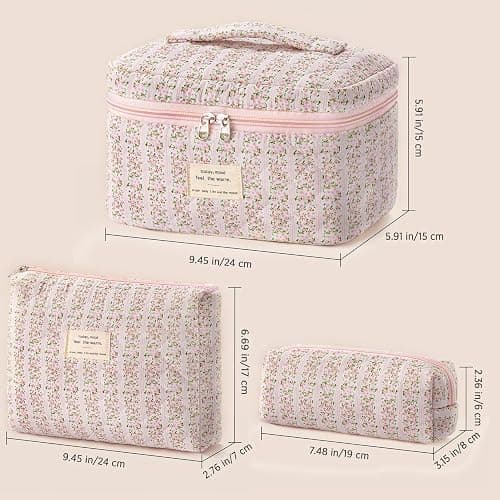 HBselect Quilted Makeup Bag, 3PCS Cotton Large Travel Makeup Bag, Cute Floral Coquette Make up Bag Cosmetic Bag Toiletry Bag for Women Girls thumbnail 6
