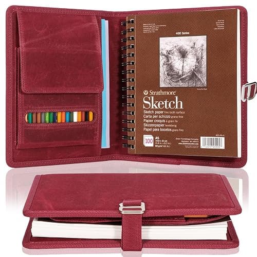 Plinyvel Travel Sketchbook Cover 5.5"x8.5" with Pencil Holder - Waxed Canvas Art Storage Case & Artist Padfolio Organizer Kit (Red) - Image 1