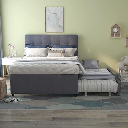 civama Full Bed with Trundle, Upholstered Full Over Twin Pull Out Platform Bed with Soft Linen Headboard & Wooden Slat Support for Bedroom Apartment, No Box Spring Needed, Grey thumbnail 3
