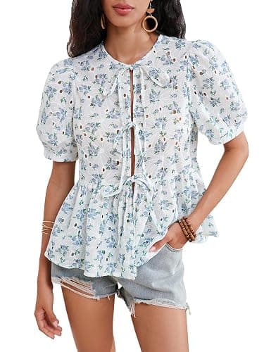 WDIRARA Women's Floral Print Bow Tie Front Blouse Puff Short Sleeve Round Neck Peplum Babydoll Shirt - Image 1