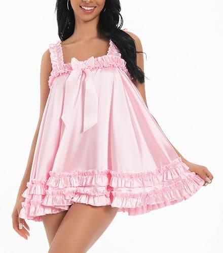 Satini Lingerie Satin Sissy Ruffle Hem Frilly Babydoll Dress Negligee Feminine Cosplay thumbnail 6