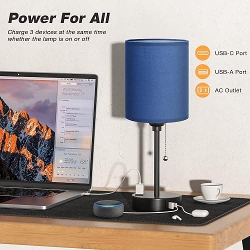 Small Bedside Table Lamp for Bedroom - Desk Lamp with USB Ports for Dorm | USB A+C Ports, AC Outlet, 3 Color Temperatures, LED Bulb Included, Navy Blue Shade, Matte Black Base, 14" Night Stand Lamp thumbnail 3
