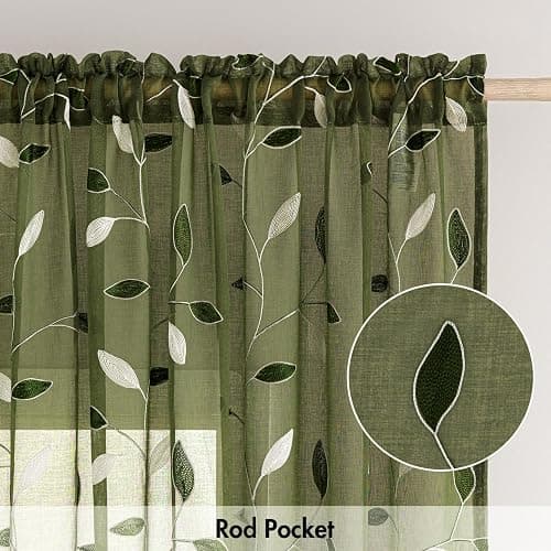 MIULEE Olive Green Sheer Curtains 2 Panels Embroidered Leaf Patterned Rod Pocket Floral Semi Faux Linen Window Curtains Drapes Set for Living Room Bedroom Dining Room, 52x84 Inches Long thumbnail 6