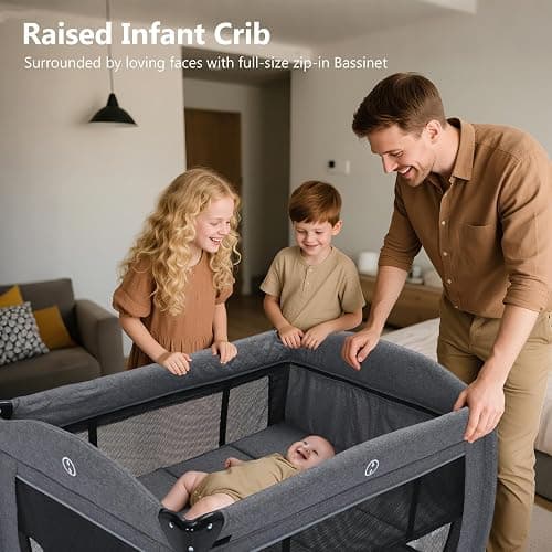 Kinder King 4 in 1 Foldable Pack and Play with Bassinet & Changing Table, Portable Playard for Babies and Toddlers, Adjustable Canopy, Storage Bag, Light Gray thumbnail 6