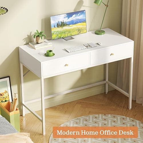 SUPERJARE 39.4" White Desk with 2 Drawers, Modern Makeup Vanity Desk, Small Computer Desk Home Office Desk for Writing Study Bedroom thumbnail 7
