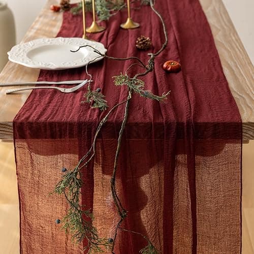 Keketoarrange Burgundy Table Runner Valentines Decor Red Cheesecloth Gauze 120 Inch 10 FT Rustic Boho Cheese Cloth Runner for Wedding Baby Bridal Shower Party Long Sheer Spring Home Decorations thumbnail 4