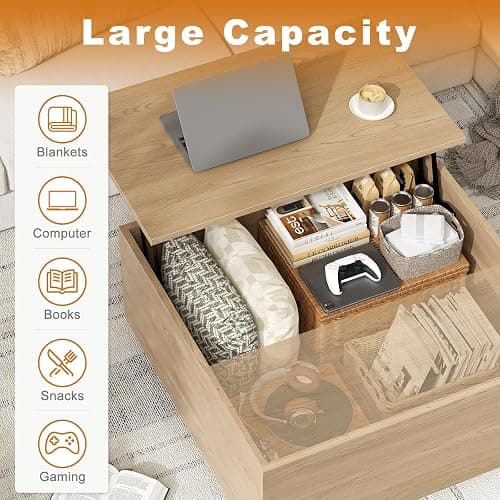 FABATO Lift Top Coffee Table, Wood Square Coffee Table with Storage, Farmhouse Coffee Tables with Hidden Storage Compartment, Center Table with Lifting Tabletop for Living Room, Home Office, Natural thumbnail 5