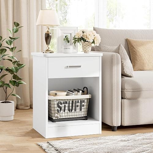 FOTOSOK Nightstand, 2-Tier Side Table with Drawer and Storage Shelf, Bedside Table End Table, Modern Night Stand for Bedroom, Home Office, White thumbnail 5