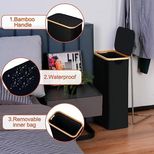 efluky Slim Laundry Basket with Lid, Narrow Laundry Hamper with Removable Bag, Skinny Dirty Clothes Basket with Bamboo Handles for Bathroom, Bedroom & Laundry Room, 75L Black thumbnail 5