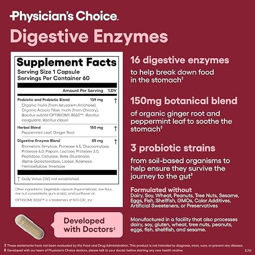 Physician's CHOICE Digestive Enzymes for Bloating & Digestion - Fast-Acting 16 Enzyme Formula with Organic Prebiotics & Probiotics for Gut & Digestive Health - Meal Time Discomfort Relief - 60 CT thumbnail 6