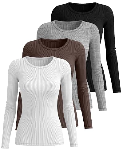 Neer 4 Pack Women's Ribbed Long Sleeve Shirts, Cotton Crew Neck Slim Fit Tops Stretch Knit Casual Base Layer Basic Tee Shirts thumbnail 2