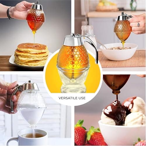 Hunnibi 8oz No Drip Glass Honey Dispenser with Plastic Top - Honeycomb-Style Syrup Server and Bee-Themed Storage Jar with Stand - 6" Clear Container for Honey, Maple Syrup thumbnail 6