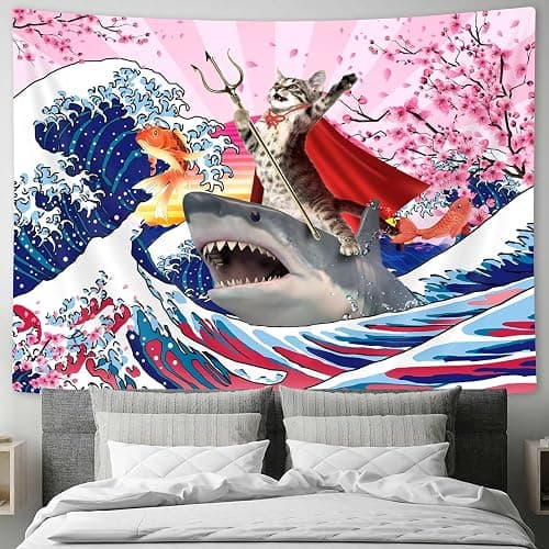 SAOLUIS Fun Cat Tapestry, Cute Cat Wall Art Tapestry Ocean Wave Theme Funny Tapestries for Kids, Japanese Style Wall Art for Bedroom Living Room Decor 60X40 Inch thumbnail 3