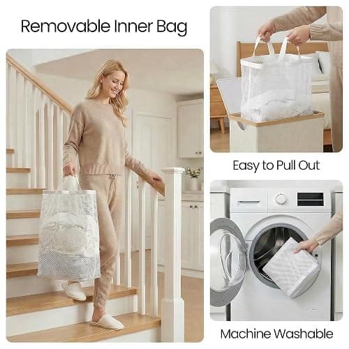 efluky Slim Laundry Basket with Lid, Narrow Laundry Hamper with Removable Bag, Skinny Dirty Clothes Basket with Bamboo Handles for Bathroom, Bedroom & Laundry Room, 65L Beige thumbnail 6