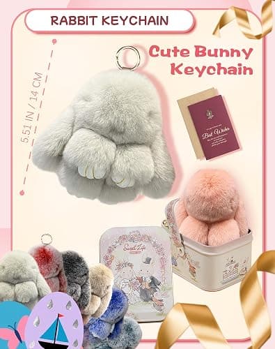 Bunny Keychain Keychain with Tin, Handmade Soft Bunny PomPom Charms for Christmas Birthday Gift thumbnail 6