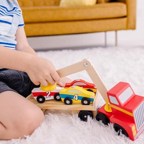 Melissa & Doug Magnetic Car Loader Wooden Toy Set with 4 Cars and 1 Semi-Trailer Truck Crane Wooden Toy, Vehicle Toys for Kids Ages 3+ thumbnail 5