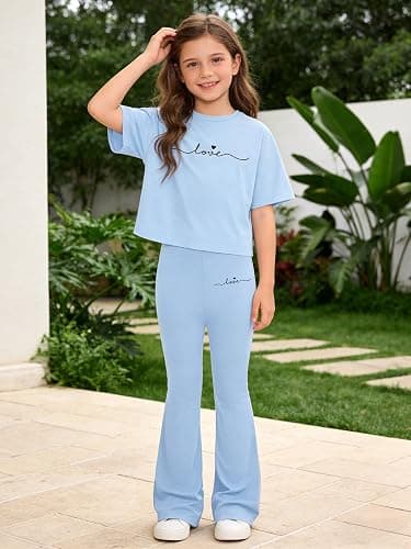 Alopncy Tween Girls 2PCS Outfit Set 8-13Y Crop Top & Flare Pants with Bowknot and Heart Print Casual Girl Clothes thumbnail 3