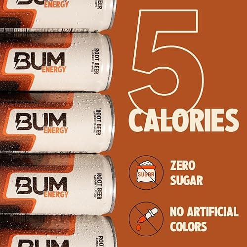 BUM Sugar-Free Energy Drink, Root Beer - Lightly Carbonated & No Artificial Colors, Natural Caffeine & Citicoline for Energy & Focus, Brain Boost & Workout Sports Beverage - 12 oz, Pack of 12 thumbnail 6