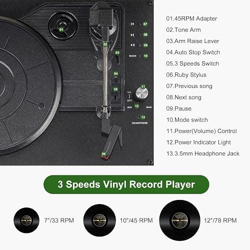 Record Player Portable with Bluetooth Connection USB Playback and Built in Rechargeable Battery 3 Speed Turntable Suitcase Design Vinyl Player with Built in Speakers for Home or Travel thumbnail 5