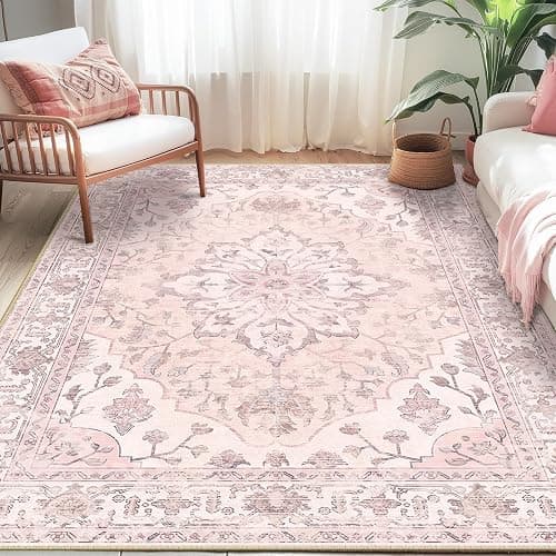 RELEANY Area Rugs 5'x7' Washable Non-Slip, Floral Vintage Distress Print Pattern Medallion Carpet for Living Room Bedroom Dining Room, Pink Greypink Cute | Non-Slip, Washable, Pattern, Distress Print, Cute - Image 1